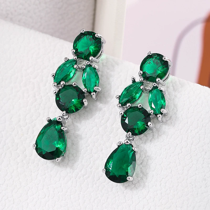

Luxury Green Cubic Zirconia Drop Earrings Fashion Women Jewelry Accessories Dinner Sparkling Crystal Earrings Free Shipping