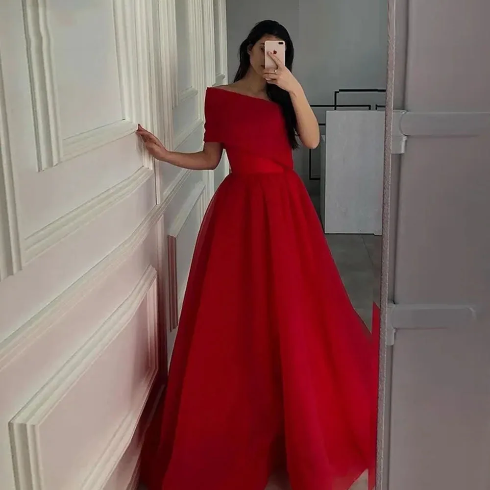 

GUXQD Red A Line Long Prom Dresses One Shoulder Tulle Vestidos De Fiesta Ruched Bride Party Evening Gowns Formal Abendkleider