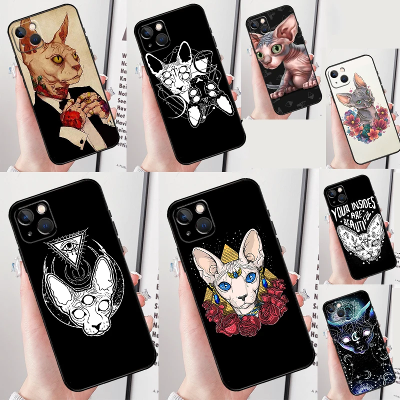 Фото Чехол для телефона Tattoo Sphinx Cat для iPhone 16 Pro 15 Pro 13 12 Mini 11 14 Pro Max XR 16 15 Plus 16e Cover Coque №1