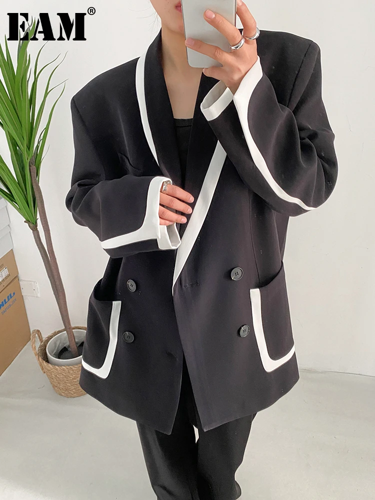 

[EAM] Women Black Color-block Shaped Big Size Blazer New Lapel Long Sleeve Loose Jacket Fashion Tide Spring Autumn 2023 1DF0382