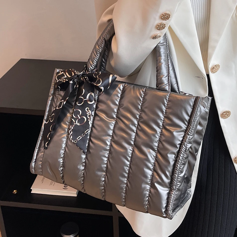 

Женская Повседневная Сумка-тоут с лентами, дизайнерская стеганая тканевая сумка через плечо в полоску, зимняя женская вместительная сумка ...