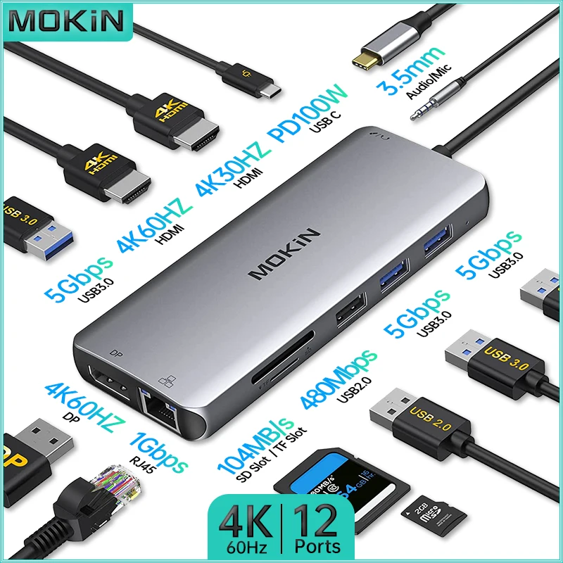 Док-станция MOKiN 12 в 1 для MacBook Air/Pro, iPad — USB2.0, HDMI 4K30 ...