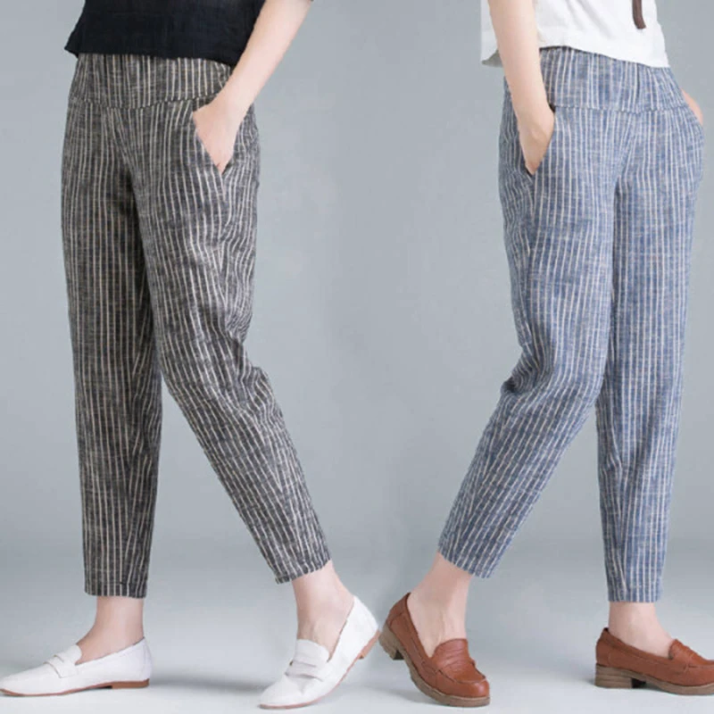 

New Arrival Summer Korea Fashion Elegant High Waist Thin Casual Harem Pants Women Pants Striped Cotton Linen Trousers