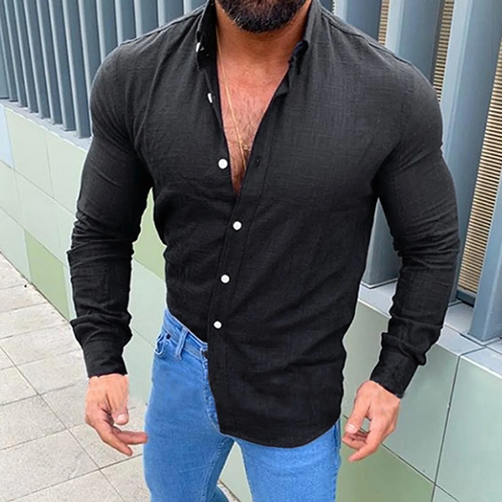 

Spring Summer Shirt Single Breasted Long Sleeve Turn-Down Collar Slim Solid Shirt Casual Men's Shirts рубашка