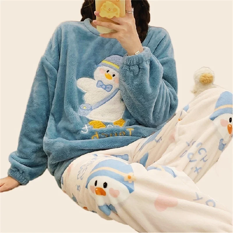 Women's Pajamas Set Plush Warm Pyjamas Funny Cartoon Print Homewear Full-Sleeve Long Pants 2Piece/Set Cozy Sleepwear