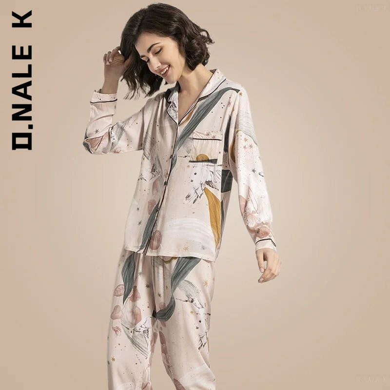 

D.Nale K Sleeve Homewear Starry Sky And Floral Printed Women Pajamas Set Comfort Viscose Ladies Tender Casual Wear For Spring