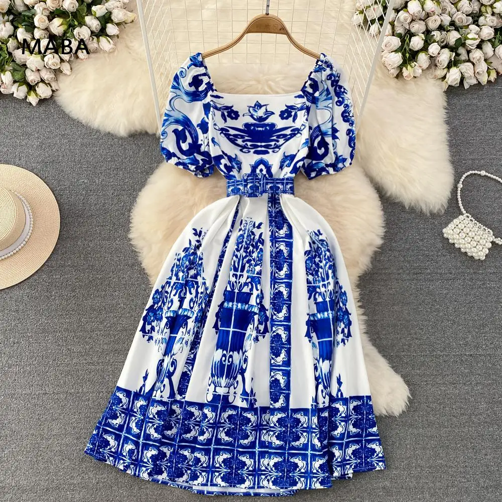 

Vintage Women Blue And White Porcelain Dress Summer New Ladies Square Collar Puff Short Sleeve Belt Palace Runway Dresses 2023