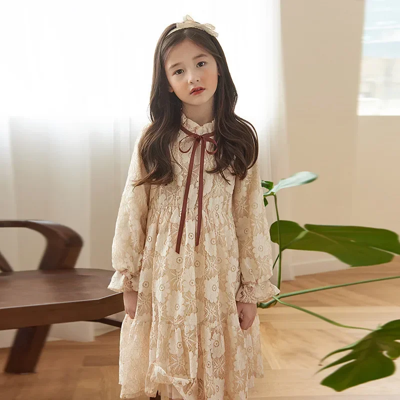 

Teenage Girls Princess Dress Spring Autumn Beige Lace Dresses for Kids Clothes Children Costume 10 12 13 Years Long Sleeve Dress