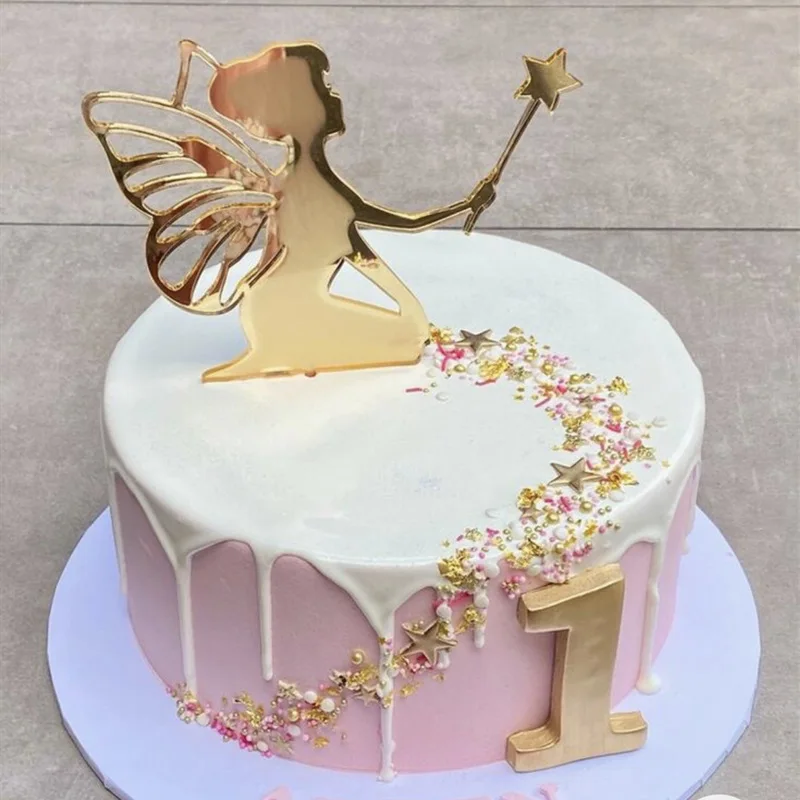 

Girl Rose Gold Castle Acrylic Cake Toppers Gold Fairy Elf Birthday Cake Toppers for Kids Birthday Party Cake Decoration Supplies