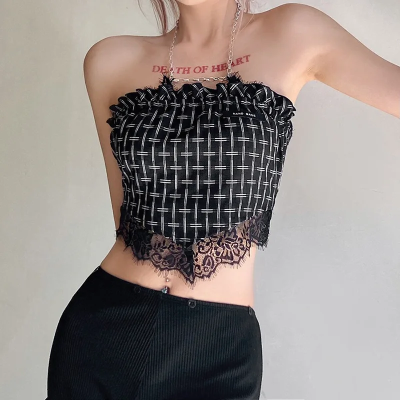 

2022 Summer Fashion Women's New Sexy Chain Halter Neck Slim Fit Y2k Gothic Top Lace Halter Back Nude Sexy Vest Women Clothes