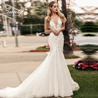 elegant wedding dresses for women 2022 bride with mermaid v neck sleeveless 3d flower backless slim line gowns robes de mari%c3%a9e