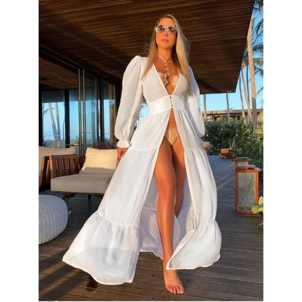 

Pure White Super Long Beach Cover-up Swimsuit Outwear Chiffon Long Sleeve Overskirt Lace-up Sexy