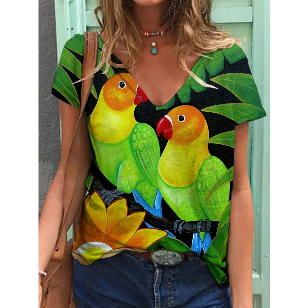 

Summer V-neck Women T-shirt 2022 New Women's Short sleeve 3D Flower Printed T Shirt Daily Street Casual Women Tees Shirts XS-6XL