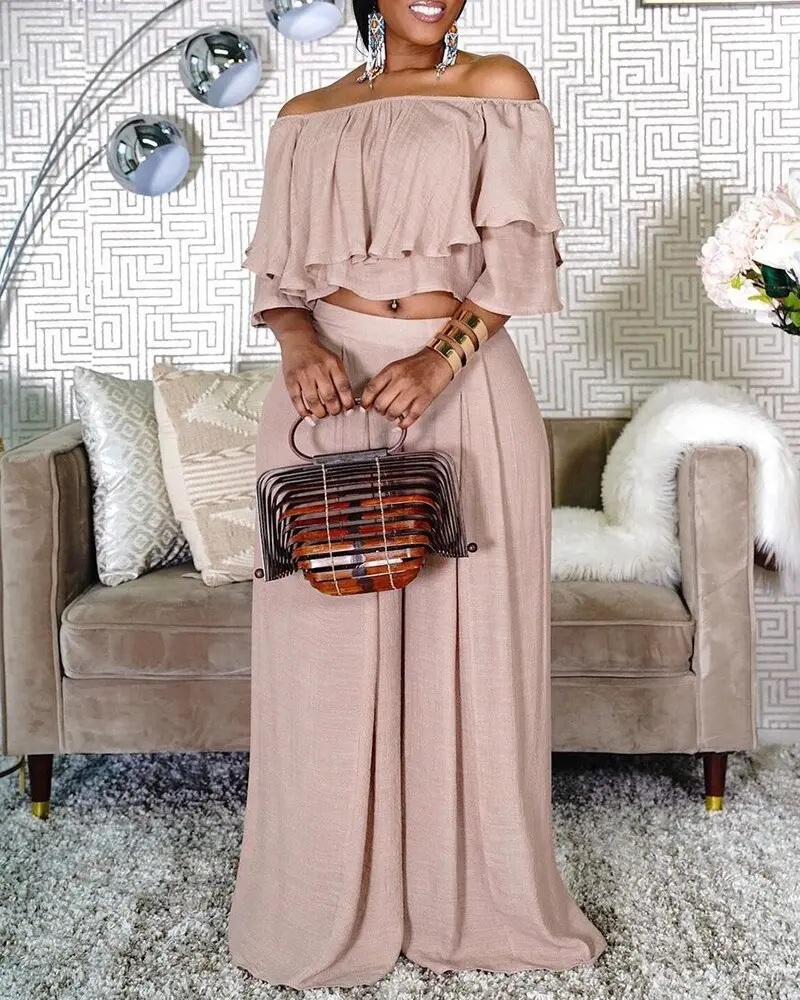 Plus Size Sets Solid Sexy Loose One Neck with Ruffles Showing The Navel Two Piece Set Women Office Lady Slim Fit  Floor-Length