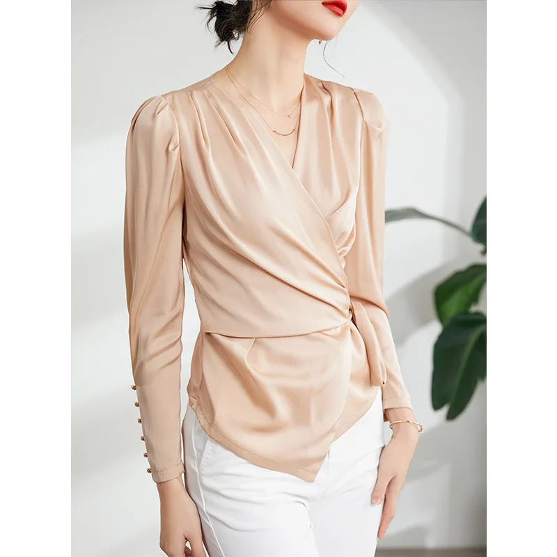 

Silk V-Neck Shirt Women 2022 Lace Up Temperament Elegant Mulberry Silk Top Fashion Blouse Women