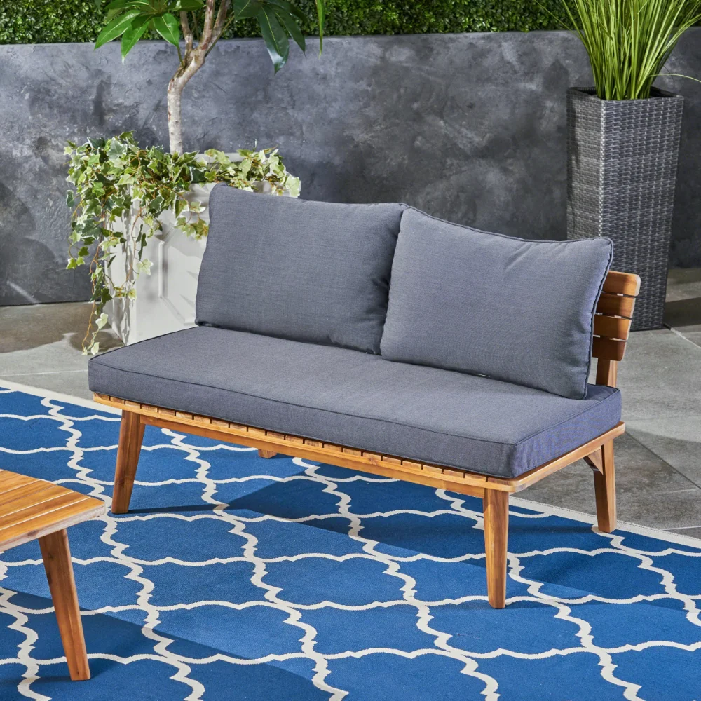 

Russell Outdoor Acacia Wood Loveseat with Cushion, Teak, Gray