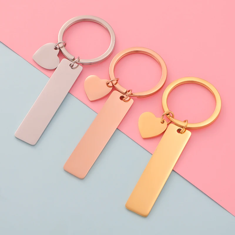 

Rumnvnty 10pcs Stainless Steel Key Ring Keychain Heart Rectangle Bar Anti-lost Stamping Blank ID Name Tags Keychain Costomed