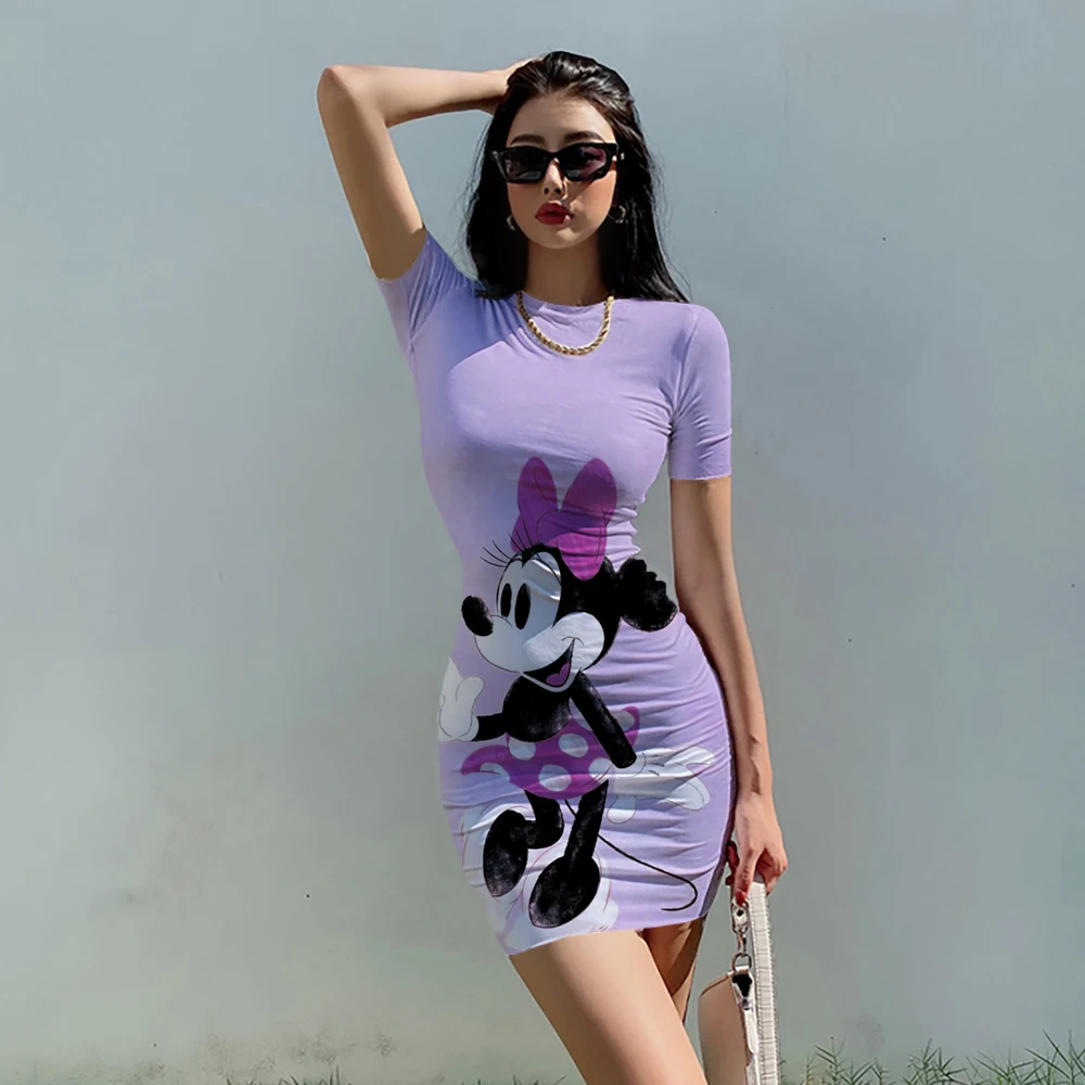 

Disney Close Fitting Miniskirt Minnie Mickey Mouse Cartoon Printed Summer Kawai Sexy Nightdress Dress Fashion Women's Mini Dress