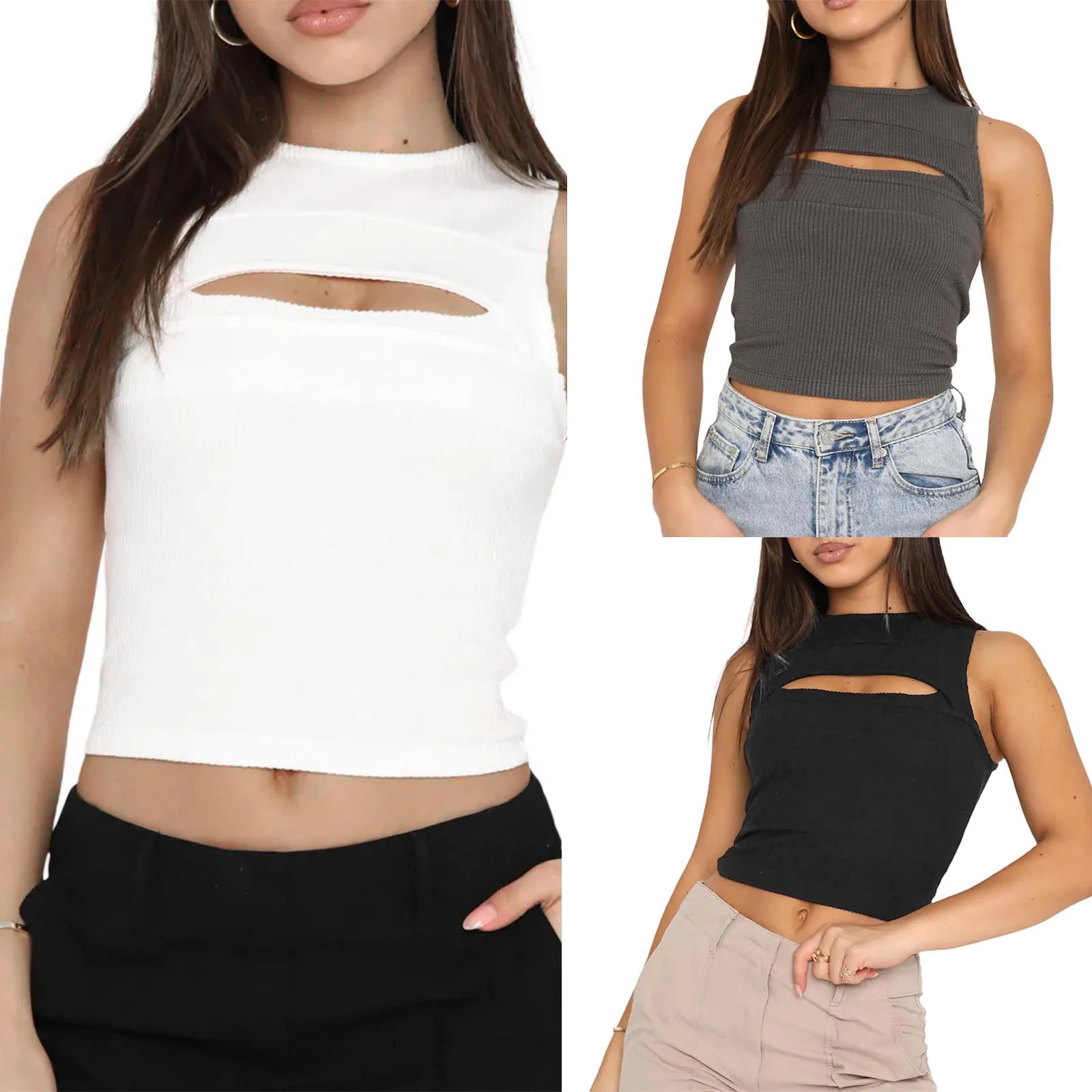 

Майка женская однотонная, модный пикантный топ в рубчик, без рукавов, с вырезом спереди, клубная одежда