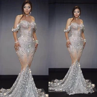 2022 mermaid evening dress illusion sequin prom gowns luxury crystal formal party dresses runway fashion vestido de novia