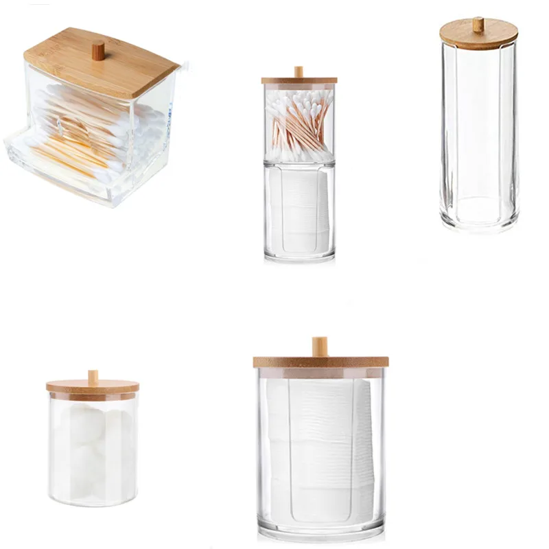 

Makeup Storage Organizer Cotton Swab Storage Bamboo Cover Acrylic Round Container Cotton Puff Storage Box Makeup Remover Box
