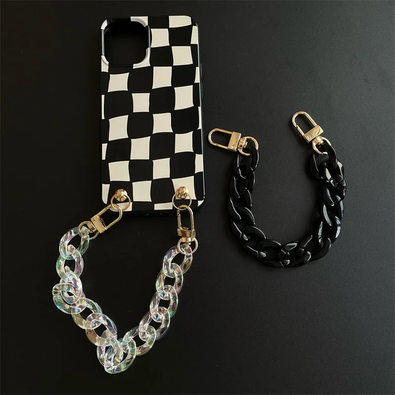 

Classy Checks With Laser Chain Phone Case For iPhone13/14 12mini 11Pro Xsmax XR 78plus SE2020 SE3 Body Skinny Shell Protection