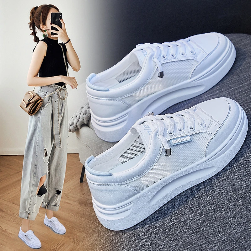 

Женские сетчатые кроссовки, белые дышащие кроссовки на шнуровке, на плоской вулканизированной подошве, повседневная обувь для ходьбы и бег...