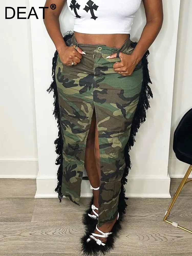 

Женская юбка с кисточками DEAT, камуфляжная юбка-трапеция с высоким разрезом и эластичным поясом, с карманами, на осень, 7AB1866, 2023