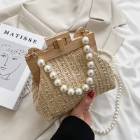 straw bag women hand woven handbags and purses 2022 summer wooden rattan casual beads beach small shoulder crossbody bag