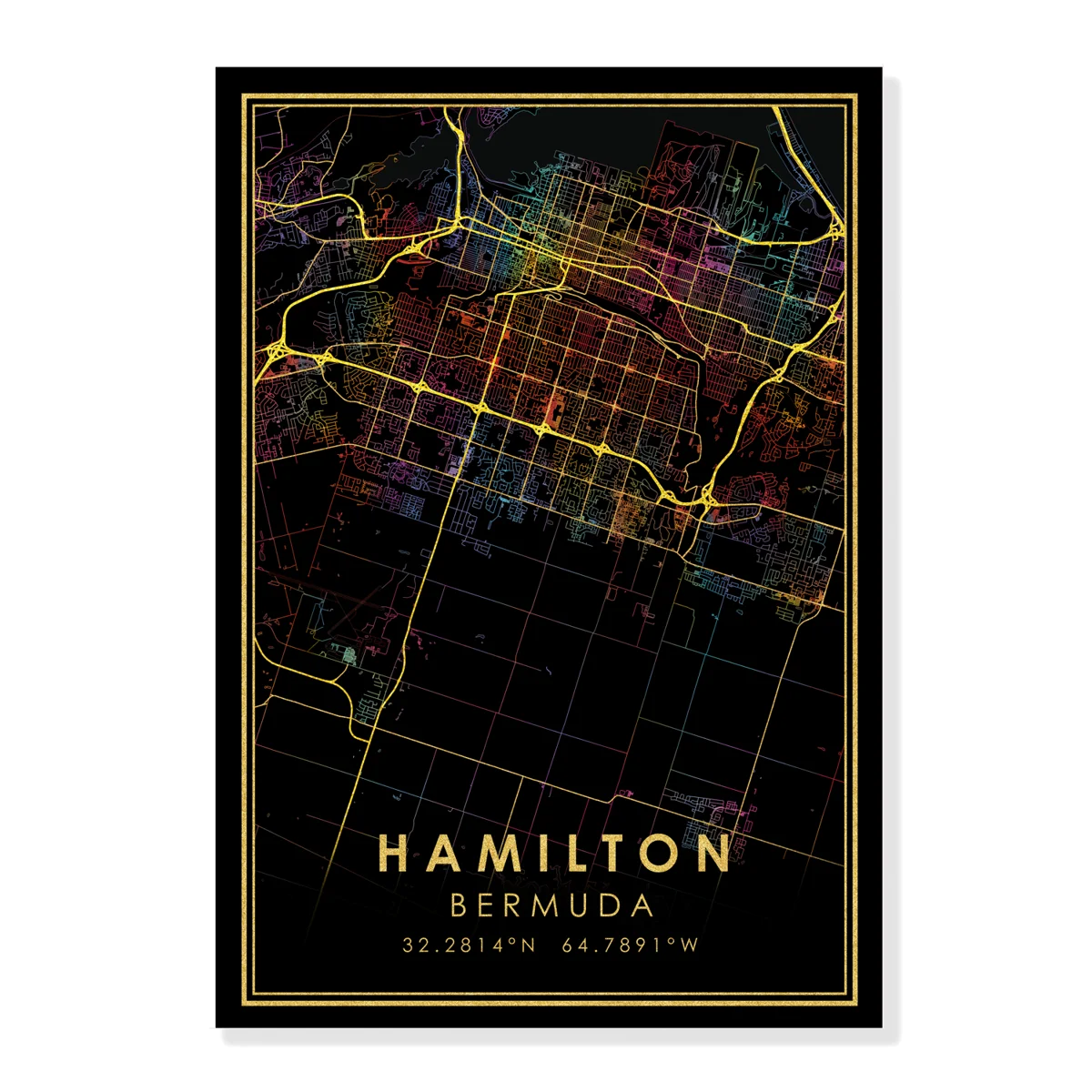 

Hamilton GOLD ROADS Rainbow City Map Print Bermuda Poster Canvas Wall Art Black Pictures for Living Room
