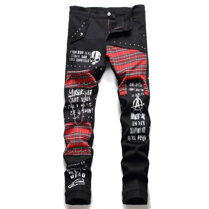 

Men's Scotland Red Plaid Tartan Patchwork Jeans Punk Rivet Patch Black Denim Pants Skull Letters Printed Slim Straight Trousers