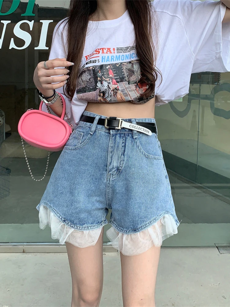 

European 2022 Summer Ladies New Fashion Mesh Stitching High Waist Denim Shorts Women Sweet Slimming Hot Girl Wide Leg Hot Pants