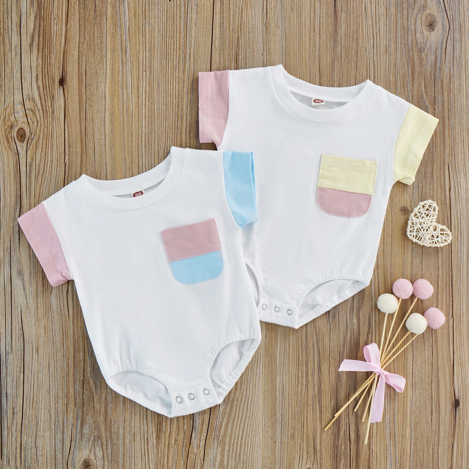 

Summer Infant Loose Romper, Baby Girls Boys Leisure Style Color Matching Short Sleeve Round Collar Jumpsuit with Pocket