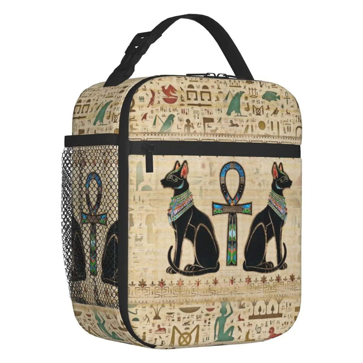 Egyptian Cats And Ankh Cross Insulated Lunch Bags for Women Ancient Egypt Resuable Thermal Cooler Bento Box Kids School Children