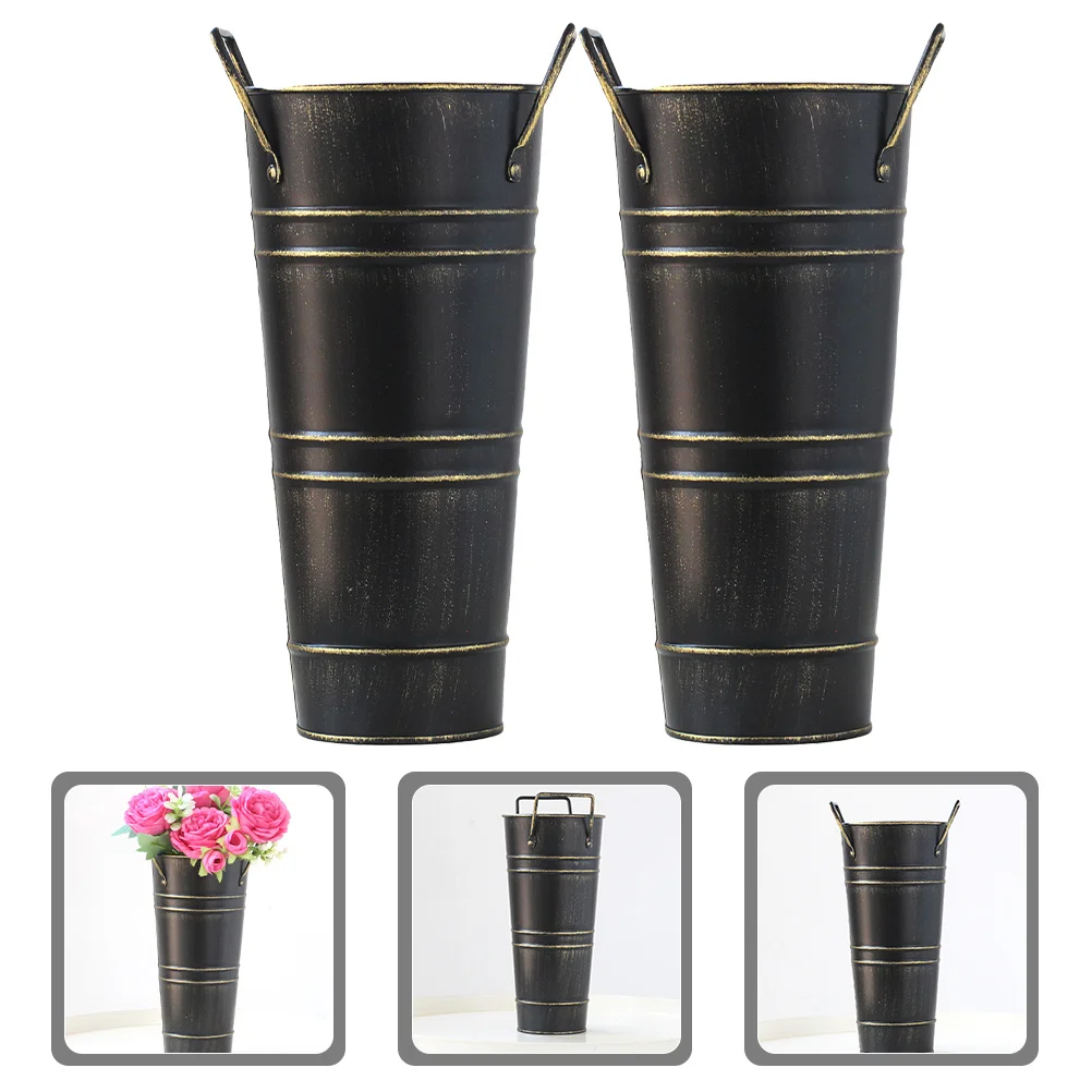 

2 Pcs Planter Bucket Iron Retro Adornment Vase Flower Pots Floral Arrangement Vintage
