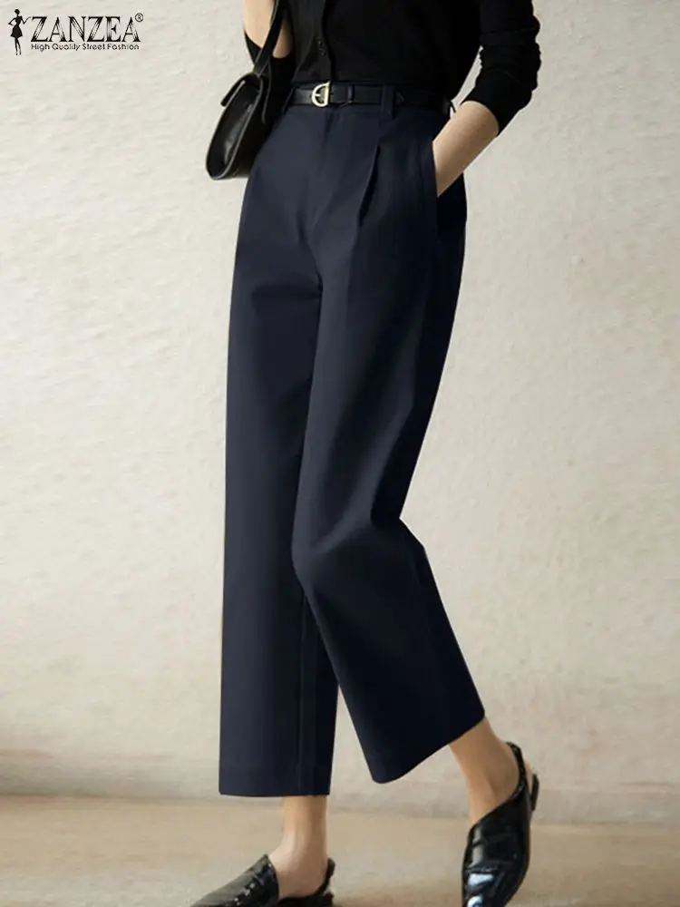

Осенние однотонные длинные брюки с высокой талией 2023 ZANZEA элегантные женские офисные рабочие брюки женские офисные брюки палаццо с резьбой