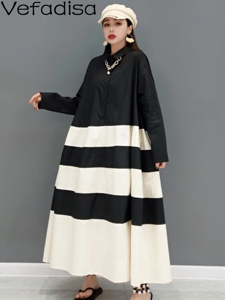 

Vefadisa Women Long Sleeves Lapel Dress Loose Mid-length Black White Stripe Cotton And Linen A-line Dress 2023 Autumn LHX1738