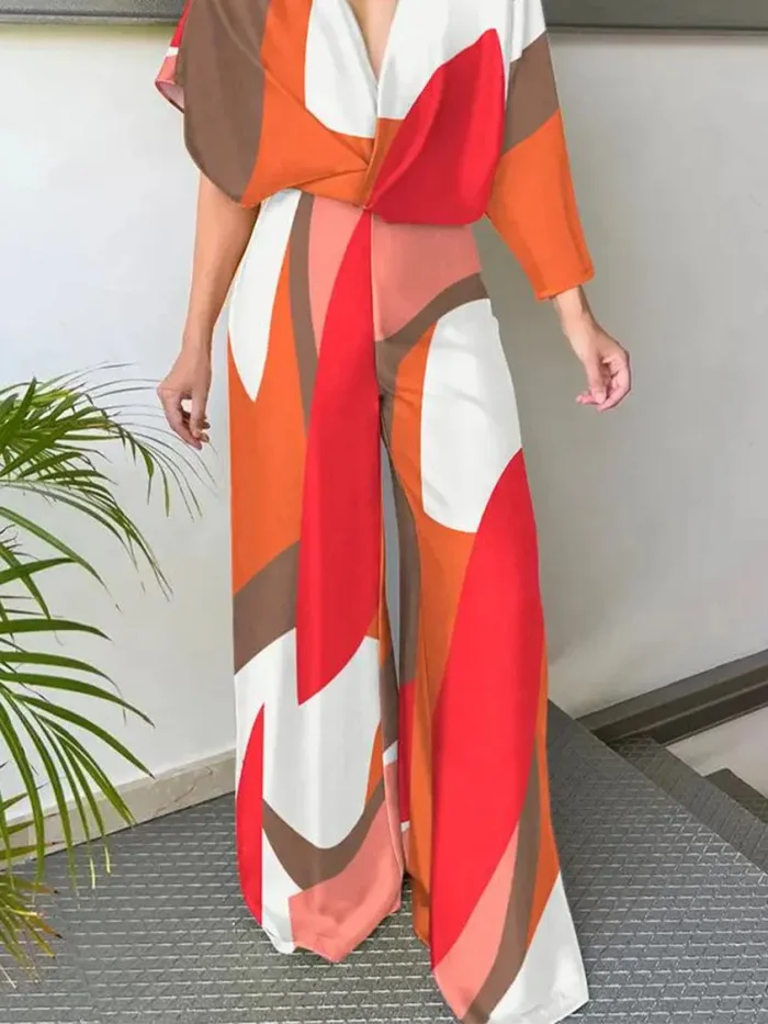Fashion casual women's jumpsuit 2023 Summer Deep V Wide Leg Pants High Waist Printed Pants Premium Street jumpsuit