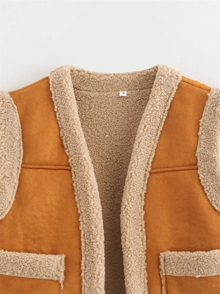 Zevity New Women Fashion Brown Fur Integrated Vest Jacket Female High Street Open Stitching Pockets Winter WaistCoat Tops CT7142