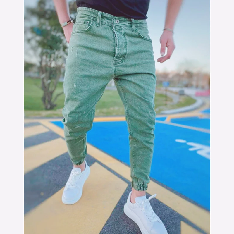 US Streetwear Khaki Ripped Jeans Men Skinny Slim Fit Elasticity Hip Hop Denim Trousers New Casual Jeans Mens Jogging Pants homme