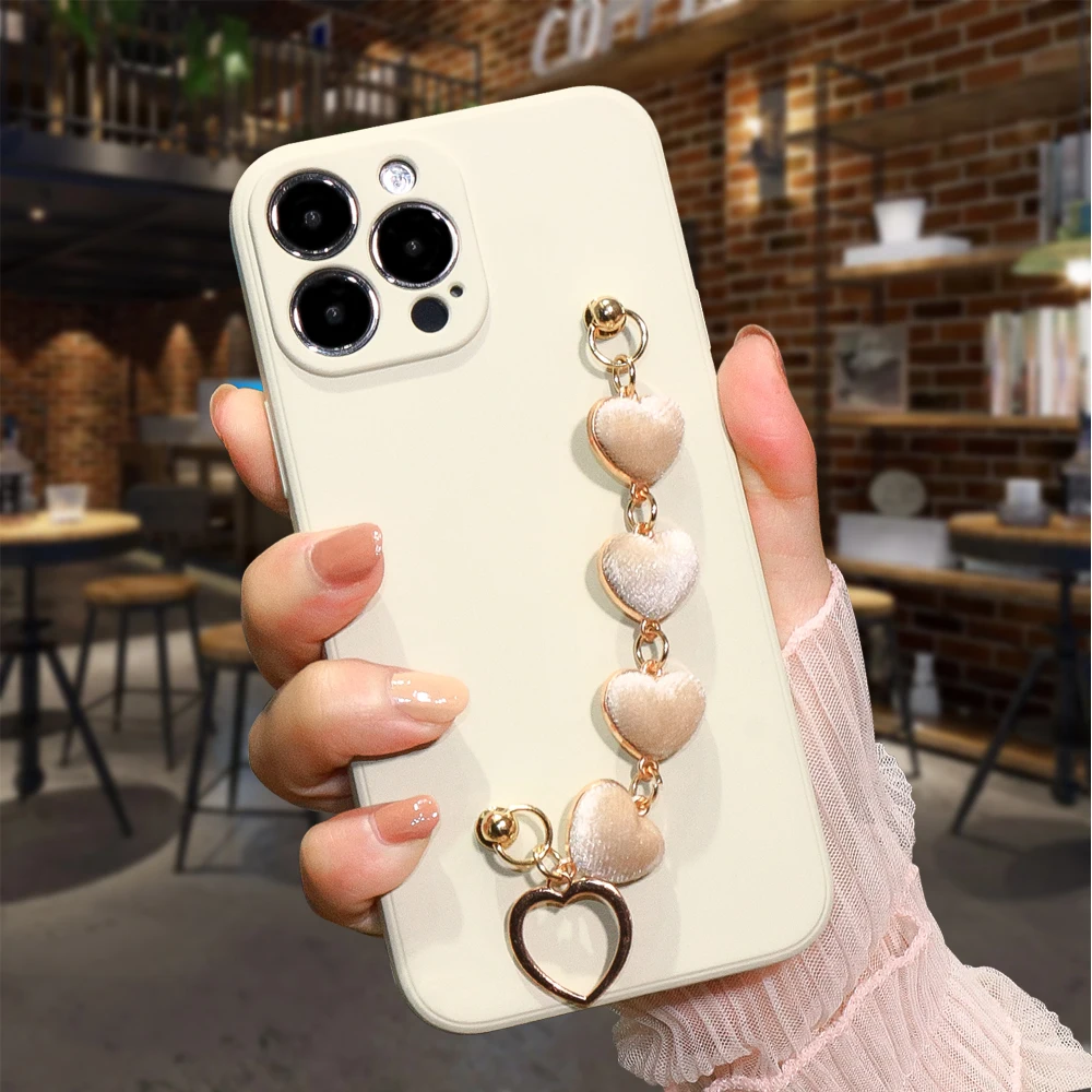 Love Heart Liquid Silicone Bracelet Chain Case For iPhone 14 12 11 13 Pro Max Shockproof Strap Case 14 Pro 13 Pro Max  - buy with discount