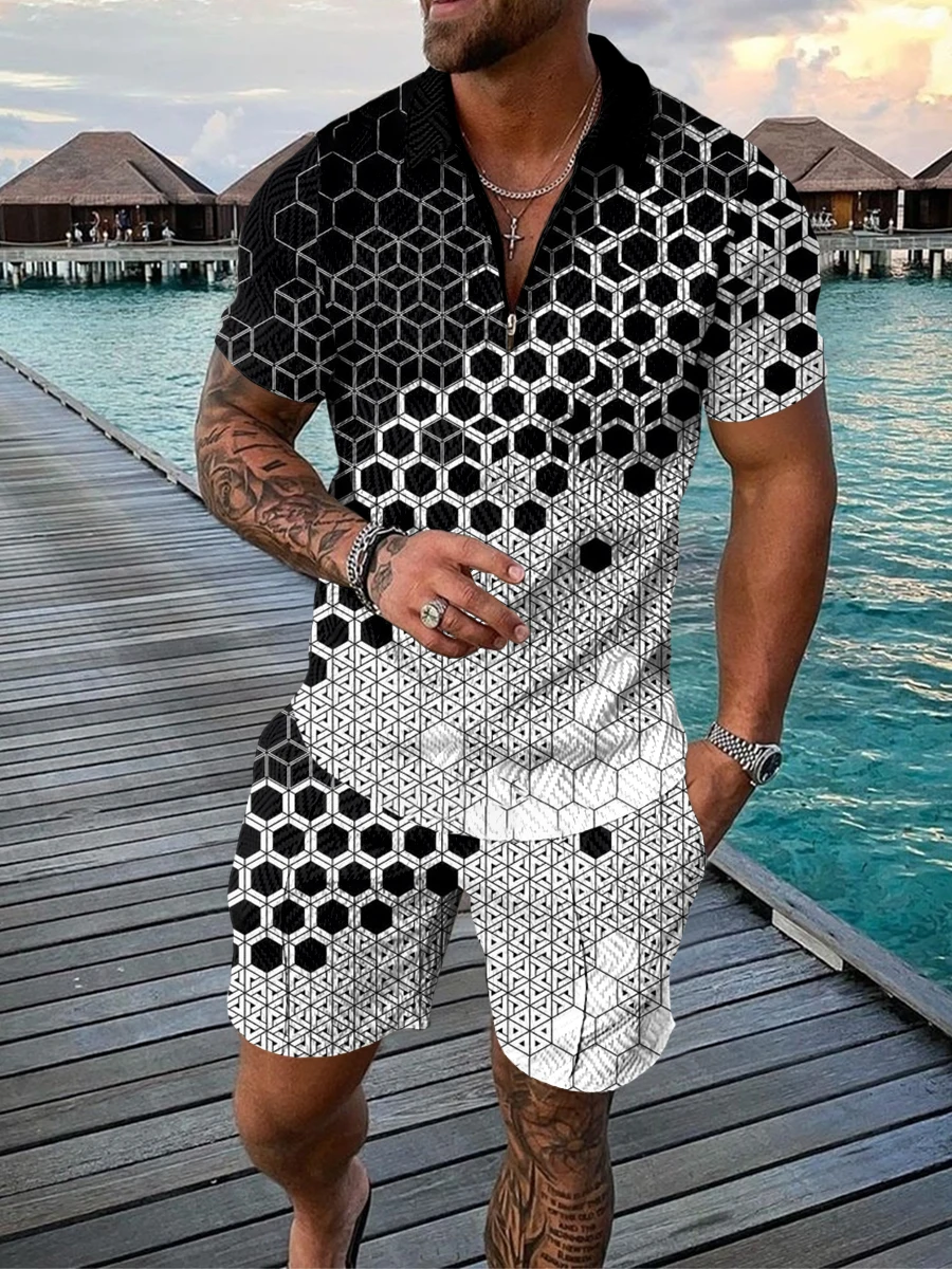 Geometric Print New Summer Fashion Mens Tracksuits Casual Short Sleeves T-shirt+shorts Suits Camisetas Ropa Hombre 2 Piece Set