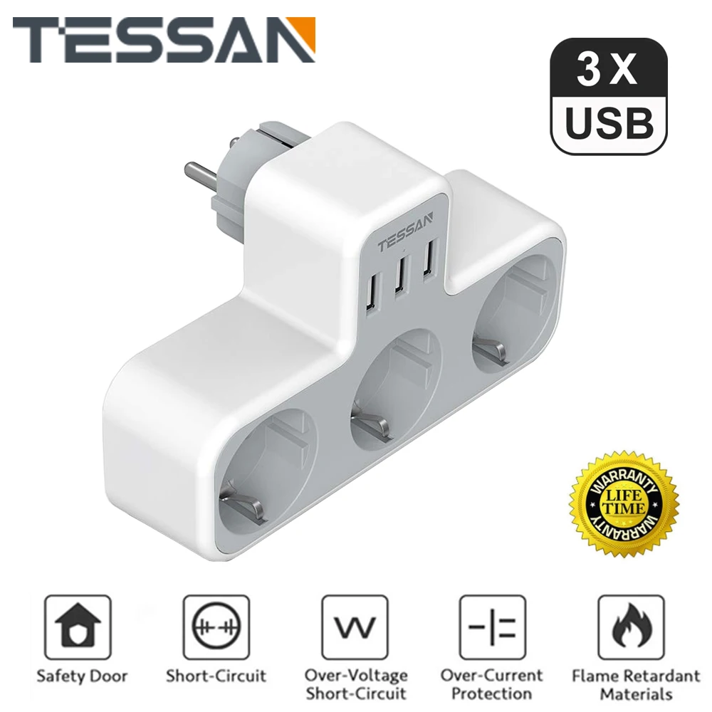 

TESSAN Multi Outlets Expander Wall USB Socket EU Plug Power Strip with 1/3 Outlets & 2 USB Ports for Home, Office