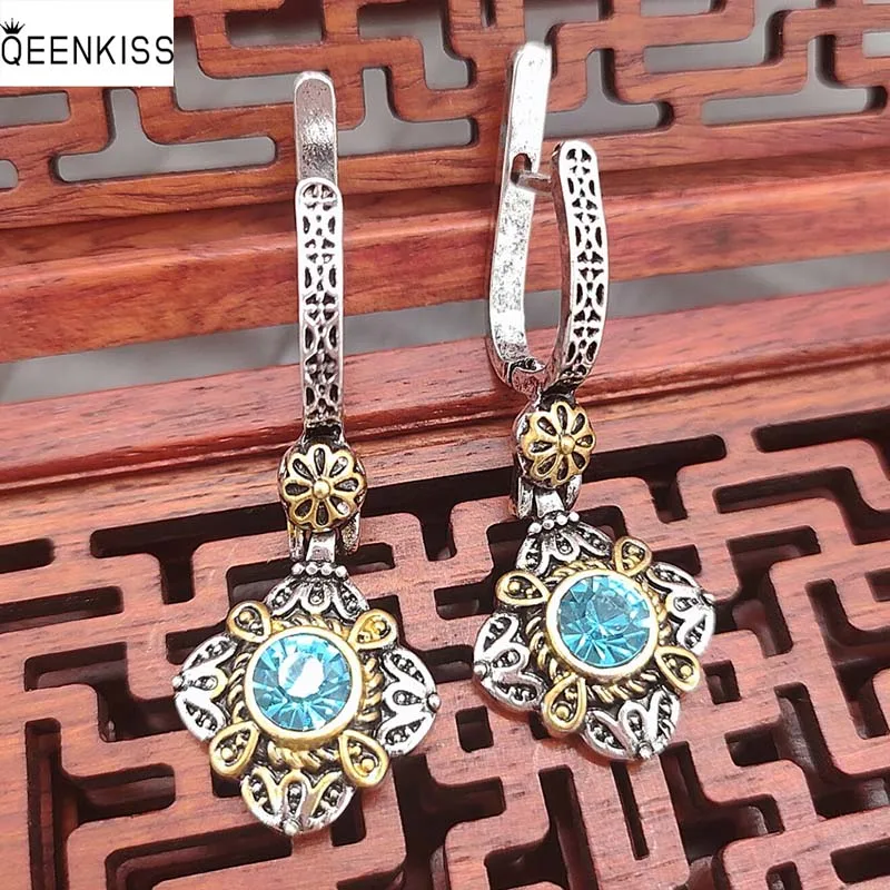 

QEENKISS EG6212 Fine Jewelry Wholesale Fashion Woman Girl Birthday Wedding Gift Square AAA Zircon Antique Silver Drop Earrings
