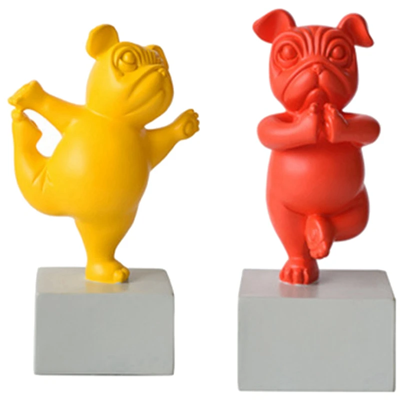 

2 Pcs Lovely Yoga French Bulldog Statue Cartoon Animals Sculpture Home Living Room Decor Figurines Craft, Red & Yellow