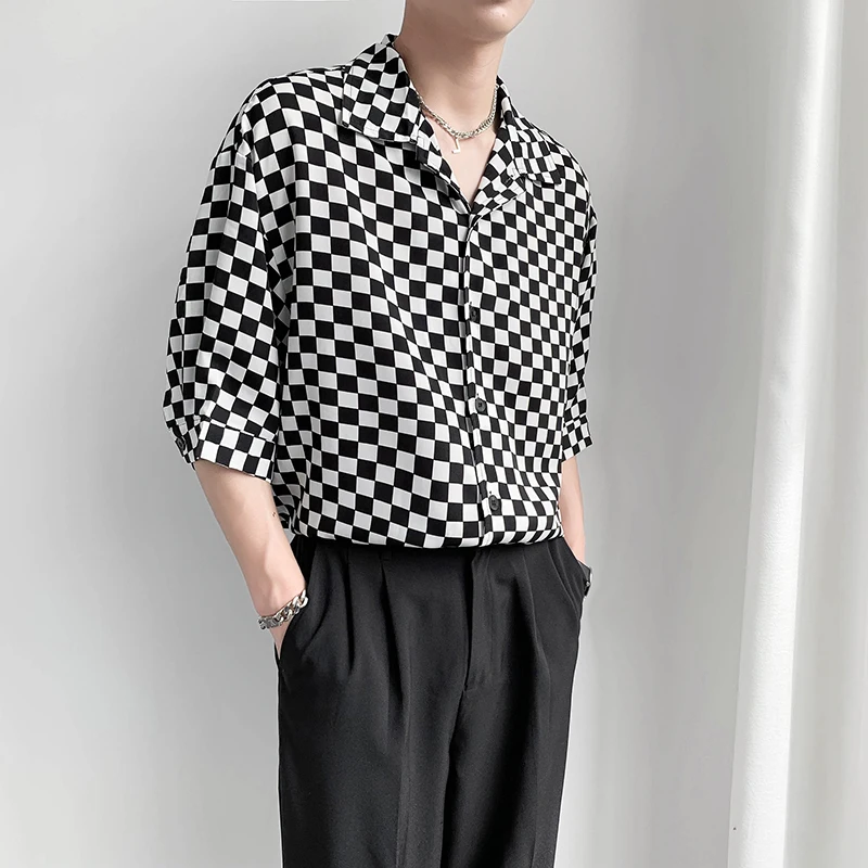 2022 Classic Plaid Shirts for Men 2022 Summer Short Sleeve Loose Casual Shirt Social Party Male Clothing Hip Hop Oversized Tops