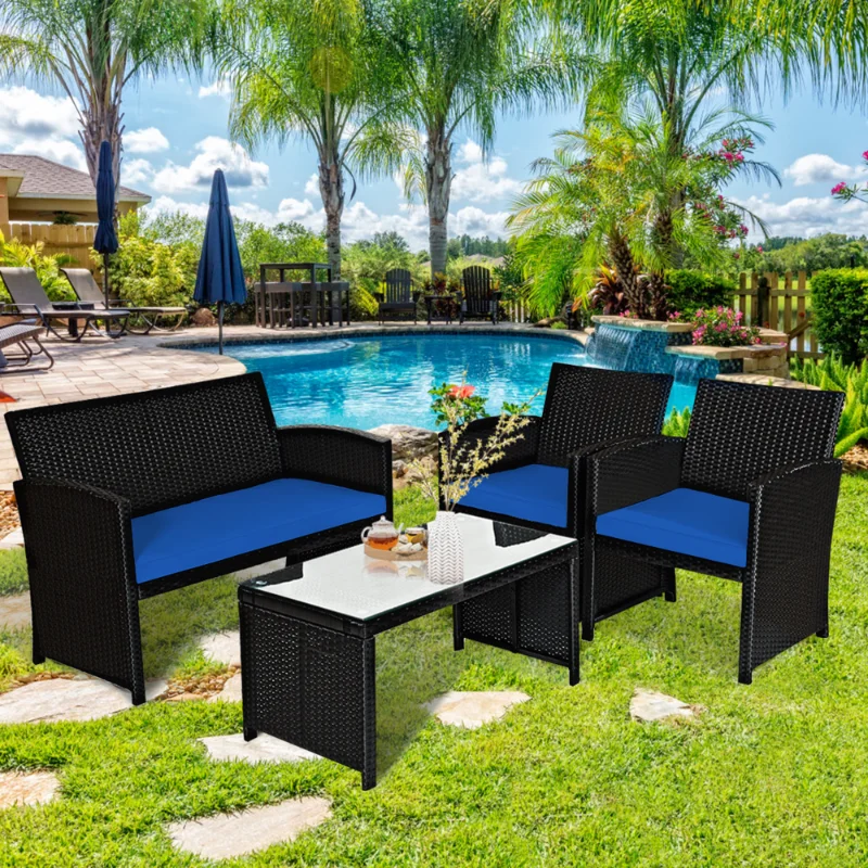 

Gymax 4PCS Rattan Outdoor Conversation Set Patio Furniture Set w/ Navy Cushions