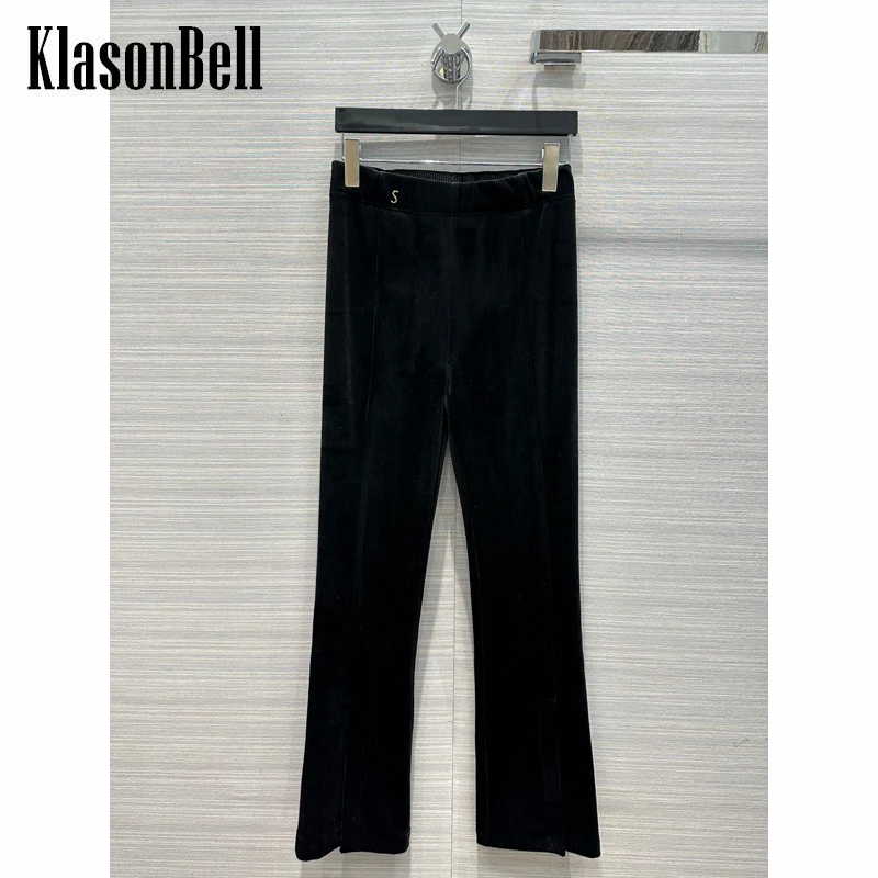 12.8 KlasonBell Comfortable Keep Warm Black High Waist Split Velvet Flared Pants Women