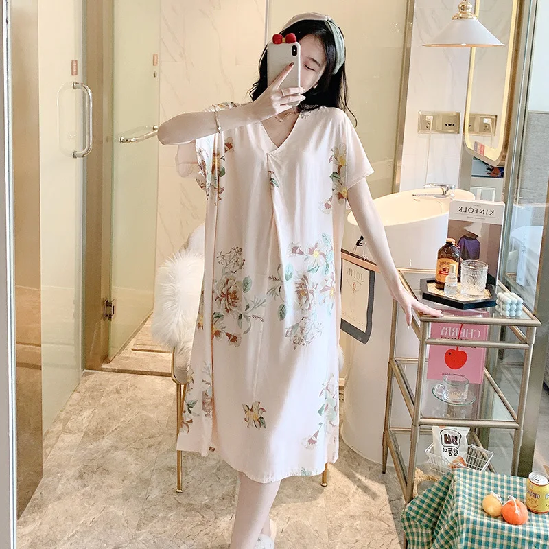 Womens Nightgowns Short Sleeve Sleepwear V-Neck Sleepdress Casual House Pajama Dress Floral Printed Soft Cotton Sleep Shirts