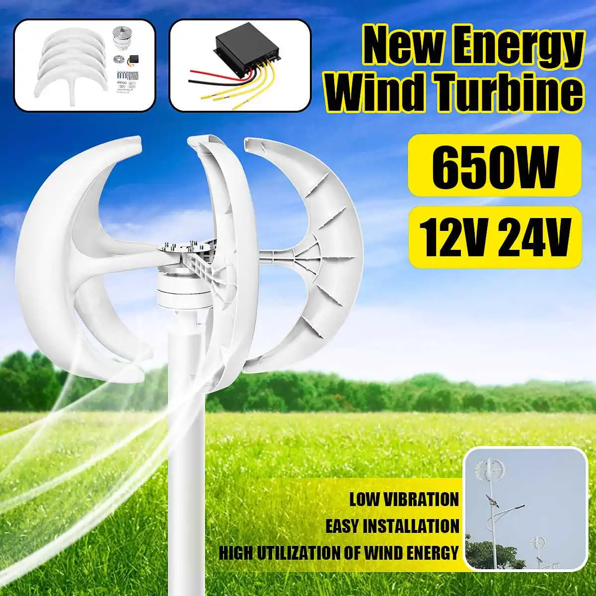 

650W 12/24V Wind Turbine with 5 Blades MPPT Controller Small Wind Turbine For Home Use Low Noise High Efficiency With Controller
